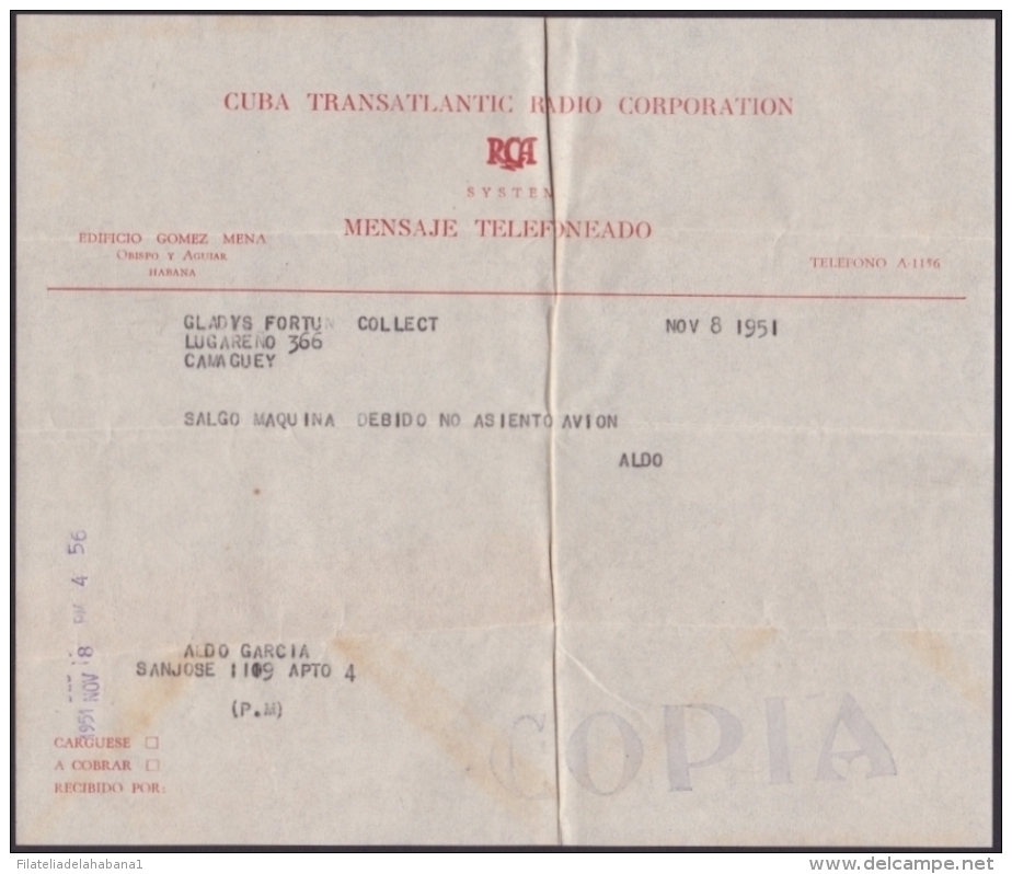 TELEG-181 CUBA (LG-618) 1951 TELEGRAMA TELEGRAM TELEGRAPH+ SOBRE. TRANSATLANTIC RADIO RADIOTELEGRAMA - Télégraphes