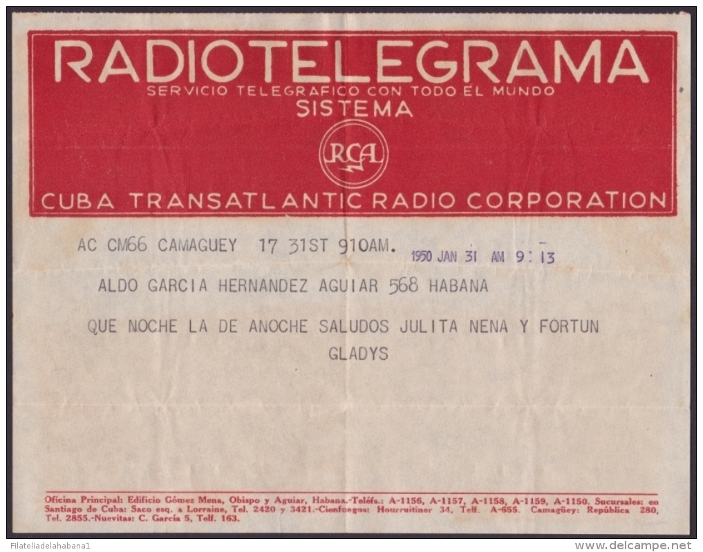 TELEG-182 CUBA (LG-619) 1950 TELEGRAMA TELEGRAM TELEGRAPH+ SOBRE. TRANSATLANTIC RADIO RADIOTELEGRAMA - Telegrafo
