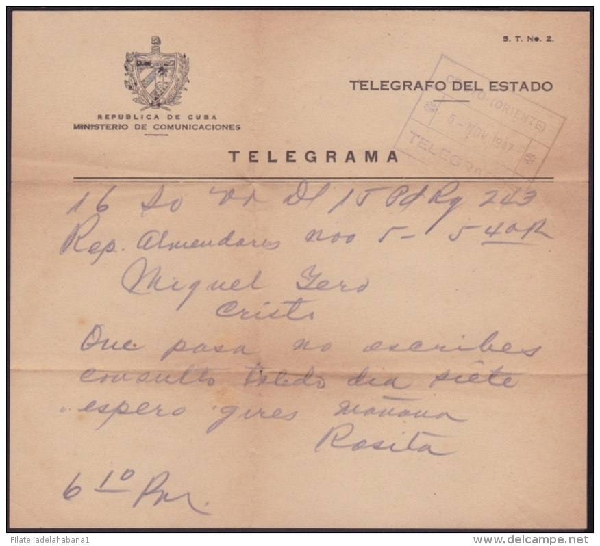 TELEG-183 CUBA (LG-620) 1947 TELEGRAMA TELEGRAM TELEGRAPH+ SOBRE. MARCA POSTAL CRISTO. - Telégrafo