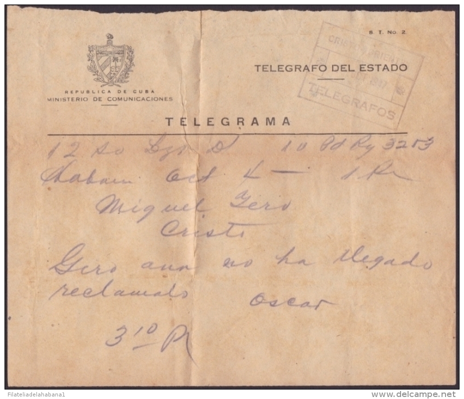 TELEG-184 CUBA (LG-621) 1947 TELEGRAMA TELEGRAM TELEGRAPH+ SOBRE. MARCA POSTAL CRISTO. - Télégraphes