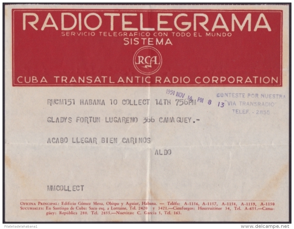 TELEG-186 CUBA (LG-623) 1951 TELEGRAMA TELEGRAM TELEGRAPH+ SOBRE. TRANSATLANTIC RADIO RADIOTELEGRAMA - Telegraph