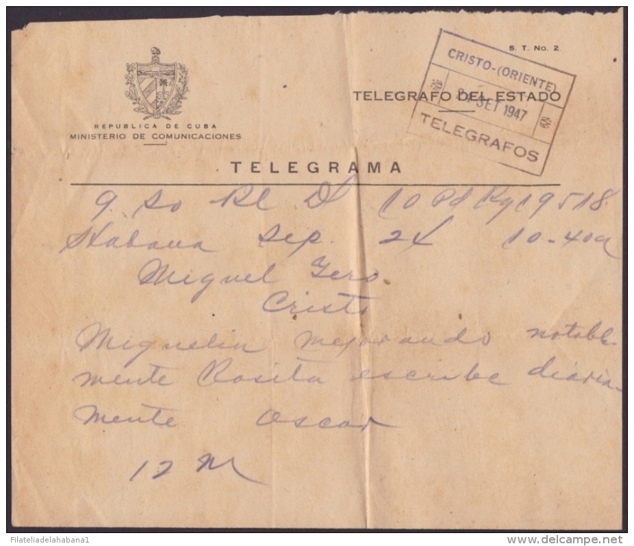 TELEG-187 CUBA (LG-624) 1947 TELEGRAMA TELEGRAM TELEGRAPH+ SOBRE. MARCA POSTAL CRISTO. - Telegraafzegels
