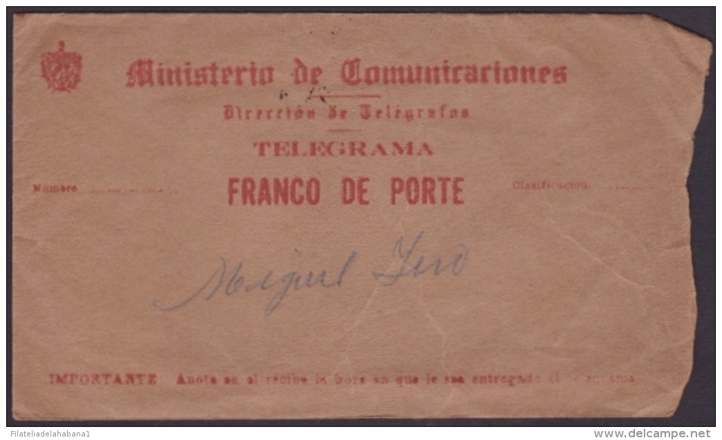 TELEG-187 CUBA (LG-624) 1947 TELEGRAMA TELEGRAM TELEGRAPH+ SOBRE. MARCA POSTAL CRISTO. - Telégrafo