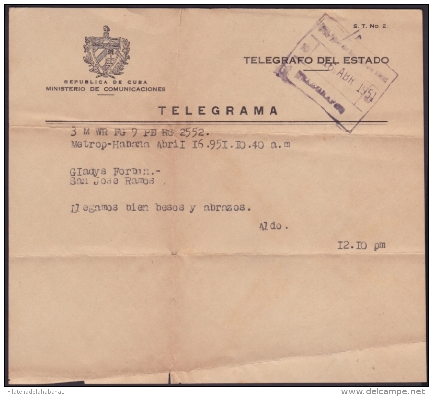 TELEG-188 CUBA (LG-625) 1951 TELEGRAMA TELEGRAM TELEGRAPH+ SOBRE. MARCA POSTAL - Télégraphes