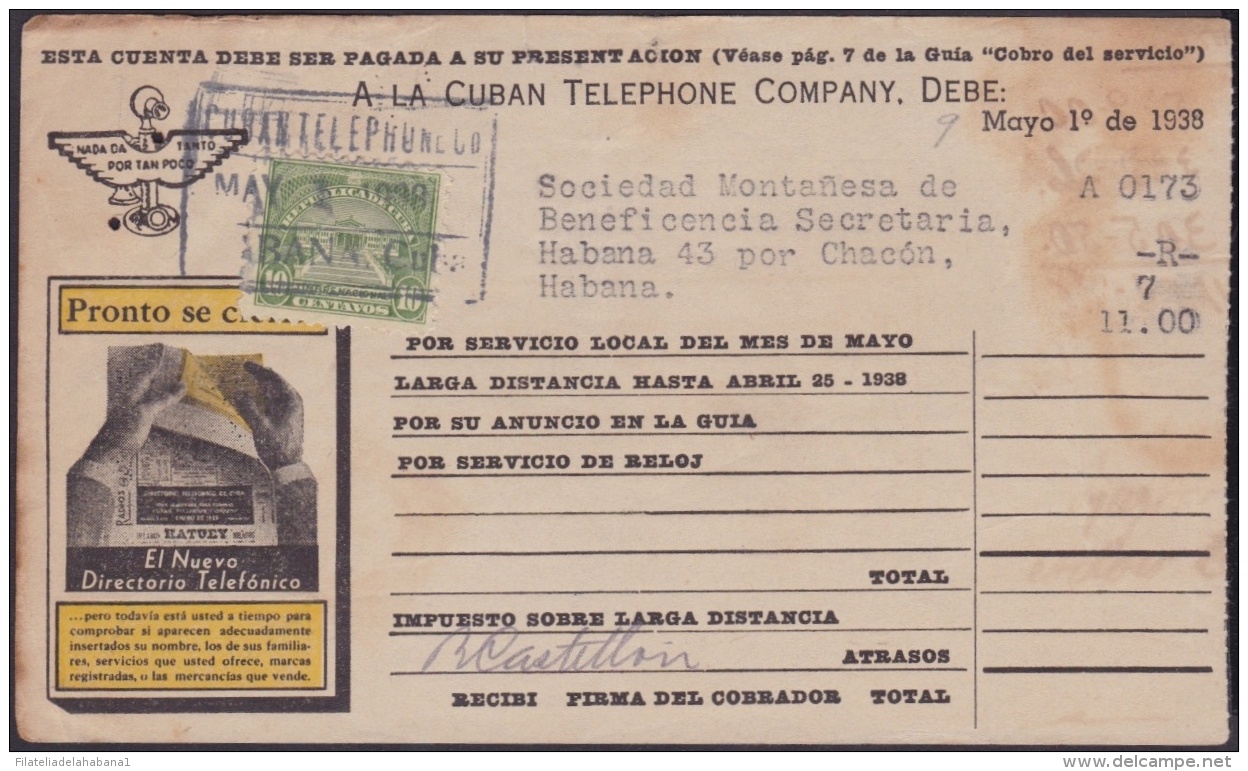 REP-42 CUBA  RECIBO DE CUBAN TELEPHON C&ordm;. 1938. REVENUE STAMP 10c TIMBRE NACIONAL. - Timbres-taxe