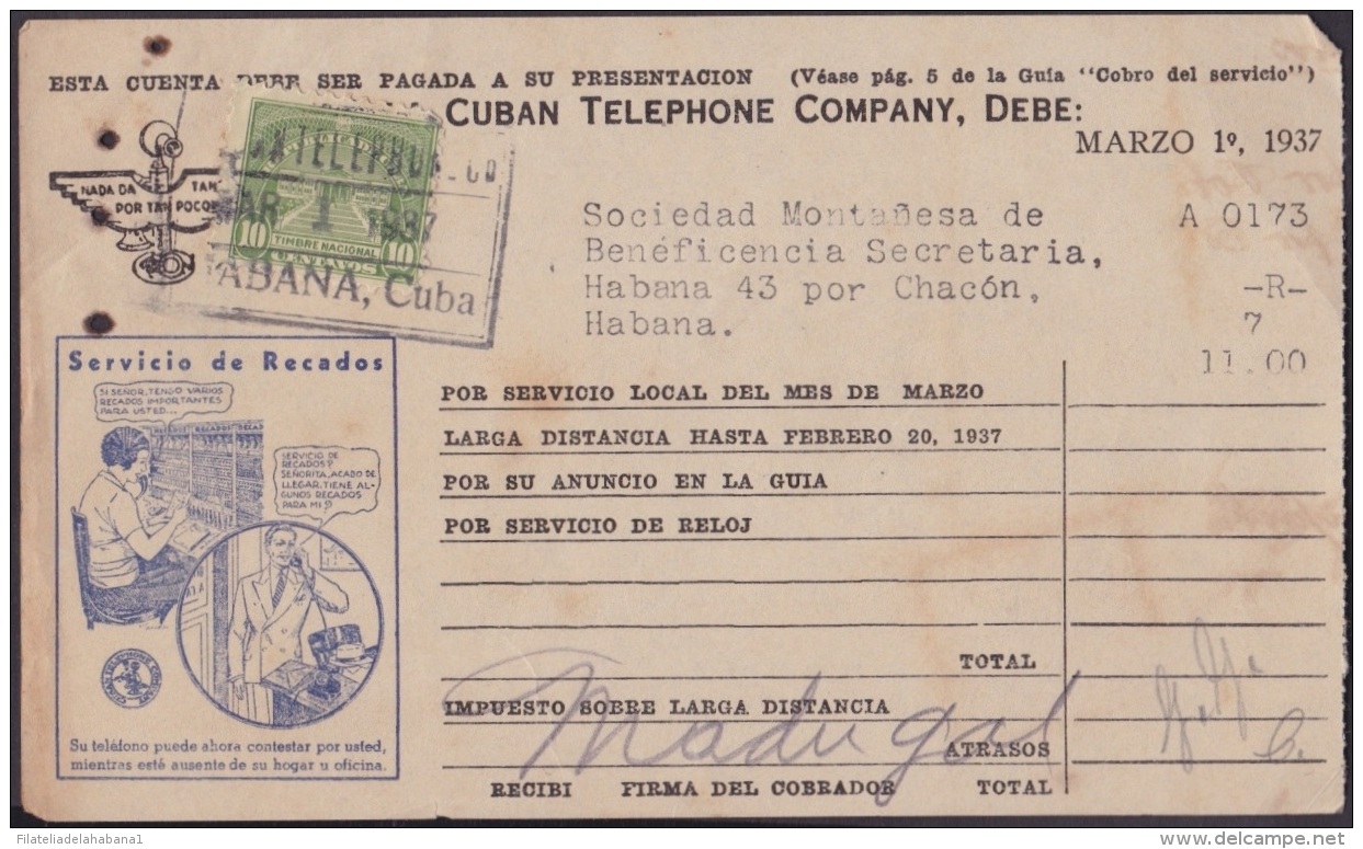 REP-44 CUBA  RECIBO DE CUBAN TELEPHON C&ordm;. 1937. REVENUE STAMP 5c TIMBRE NACIONAL. - Timbres-taxe