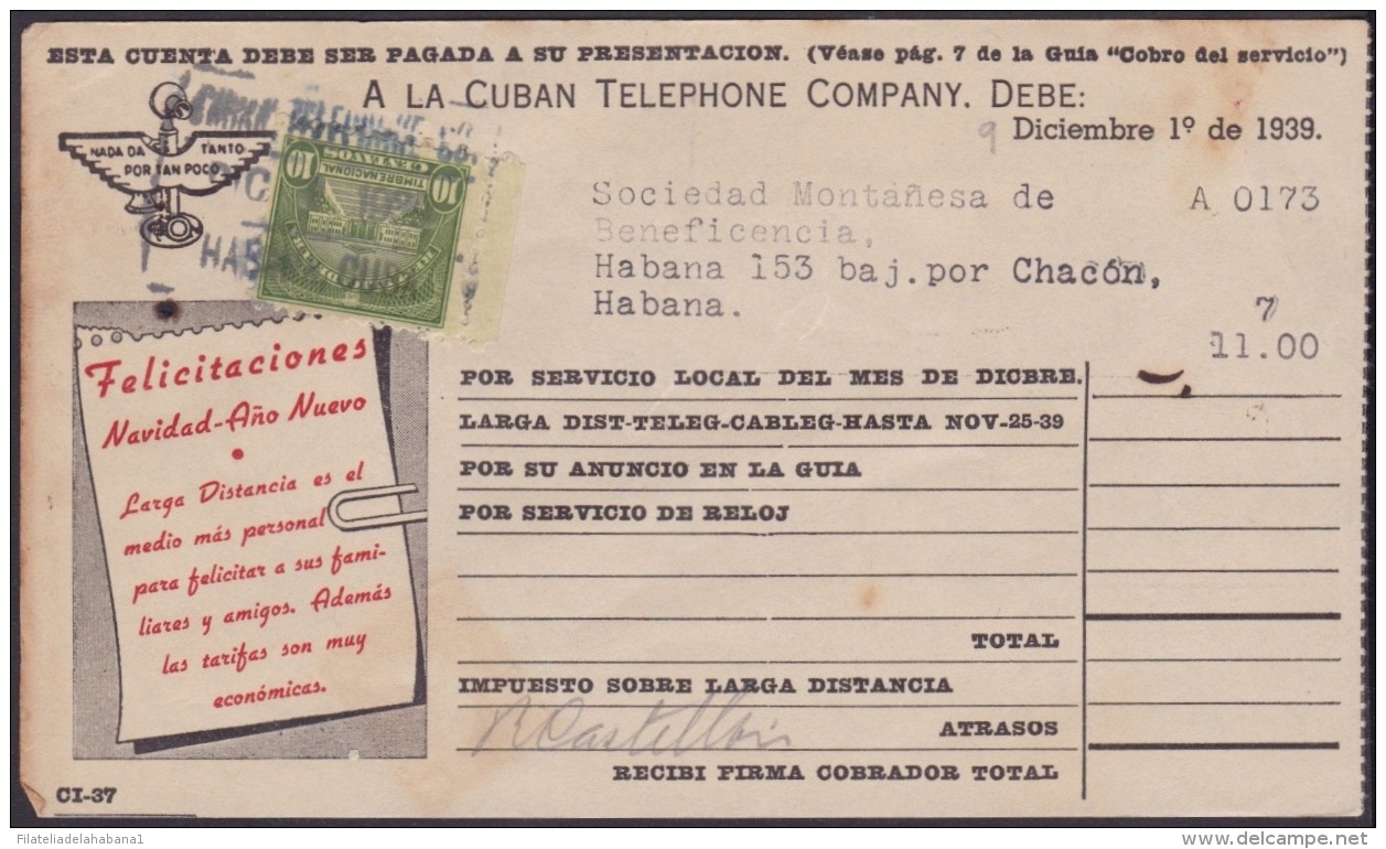 REP-45 CUBA  RECIBO DE CUBAN TELEPHON C&ordm;. 1939. REVENUE STAMP 10c TIMBRE NACIONAL. - Timbres-taxe