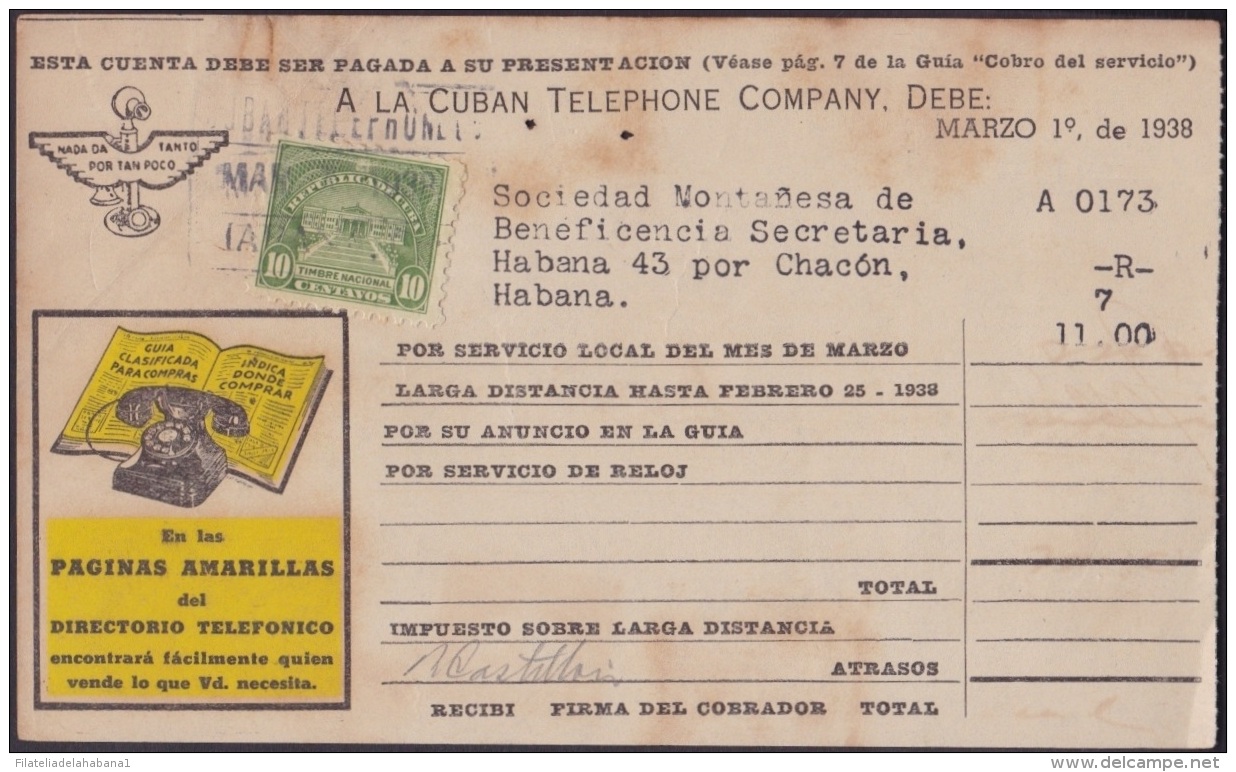 REP-46 CUBA  RECIBO DE CUBAN TELEPHON C&ordm;. 1938. REVENUE STAMP 10c TIMBRE NACIONAL. - Timbres-taxe