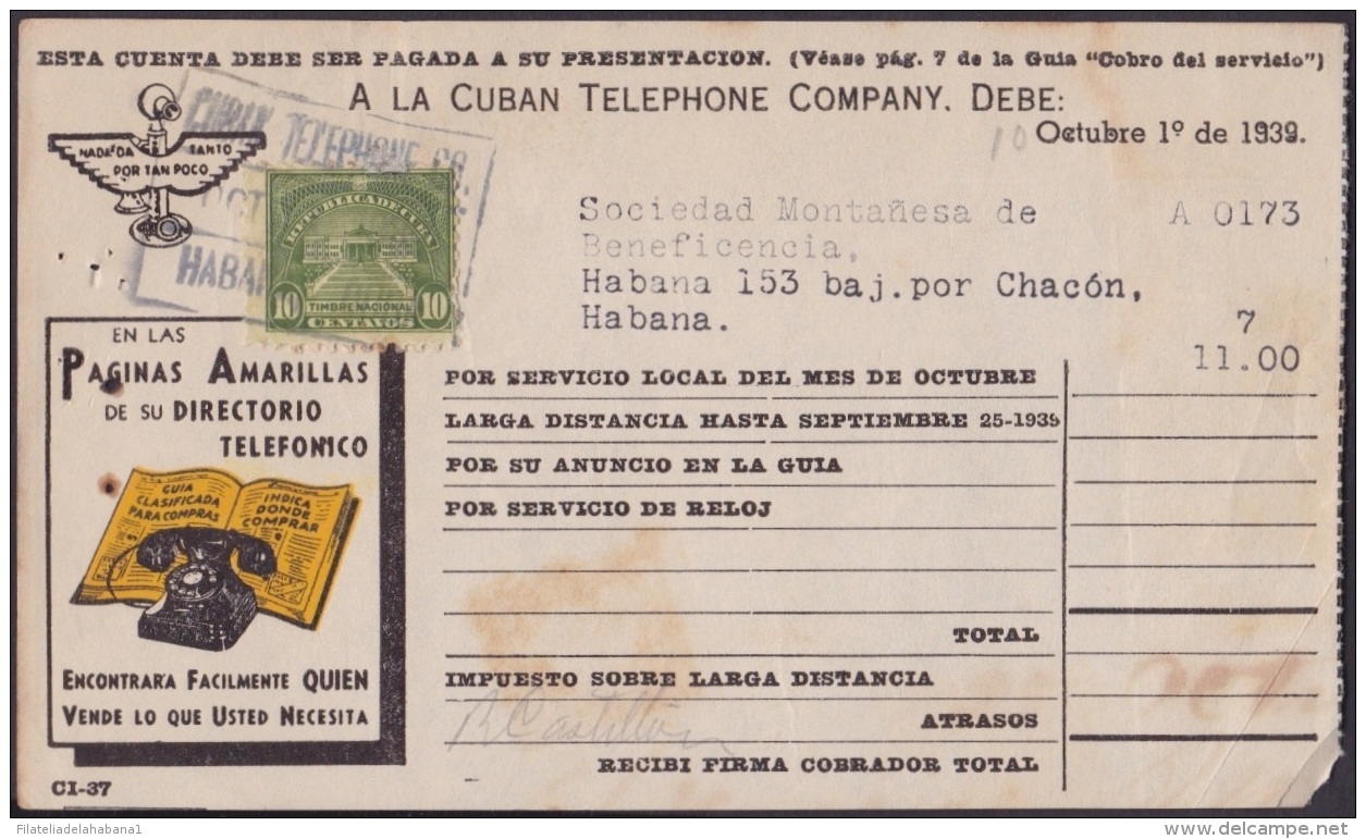 REP-49 CUBA  RECIBO DE CUBAN TELEPHON C&ordm;. 1939. REVENUE STAMP 10c TIMBRE NACIONAL. - Segnatasse