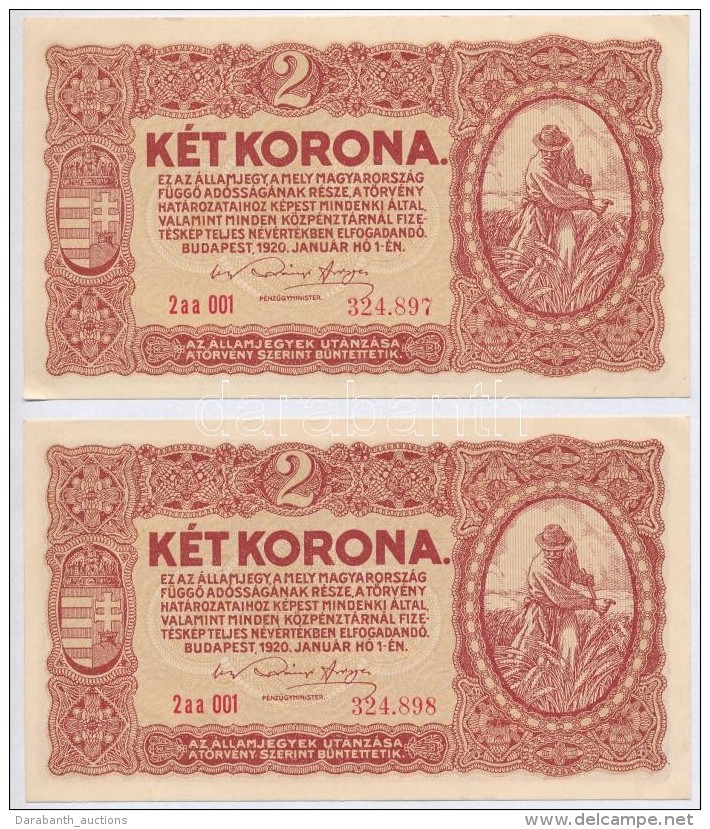 1920. 2K (2x) SorszámkövetÅ‘k, Alacsony Sorozatszám '2aa 001' T:I-,II - Ohne Zuordnung