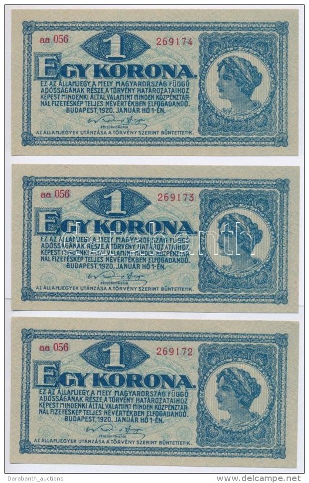 1920. 1K (3x) SorszámkövetÅ‘k, Sötétvörös Sorszámmal T:I,I- - Ohne Zuordnung