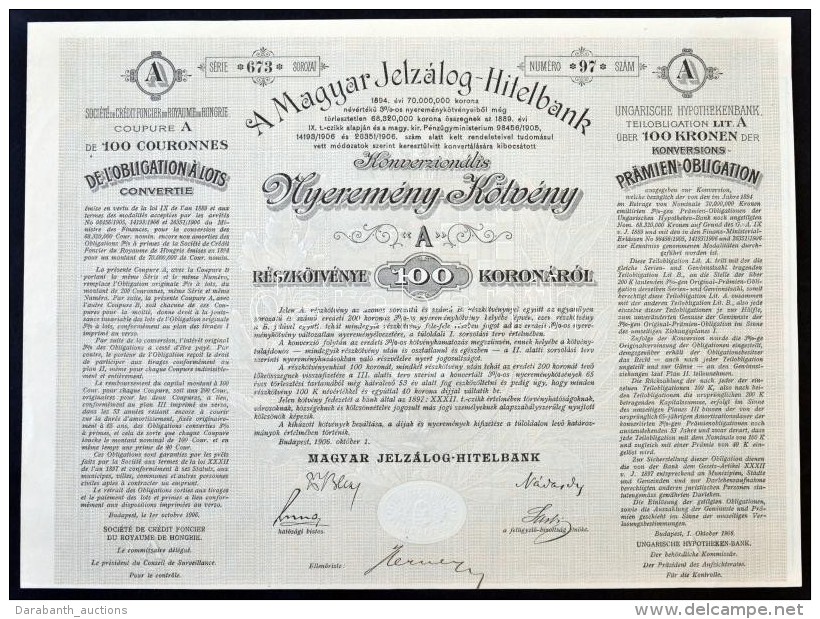 Budapest 1906. 'A Magyar Jelzálog-Hitelbank' Nyereménykötvénye, 'A'... - Zonder Classificatie