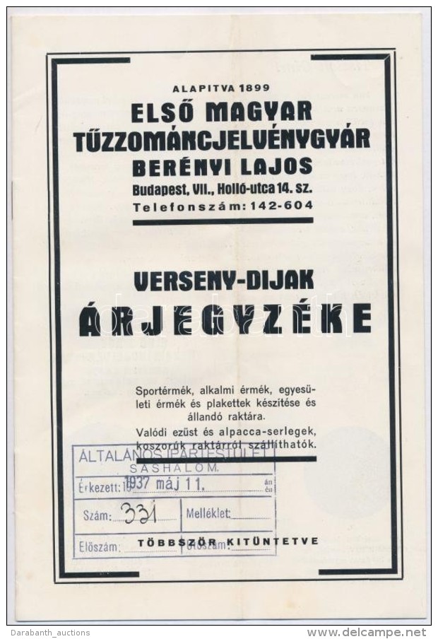 1937. 'ElsÅ‘ Magyar TÅ±zzománc-jelvénygyár' Berényi Lajos (Budapest Holló Utca... - Ohne Zuordnung
