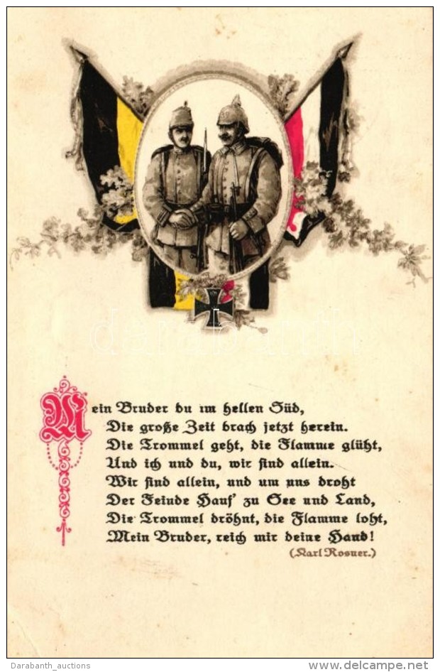 T2/T3 Mein Bruder Du Im Hellen Süd... / Austrian-German Alliance Military Propaganda, Flags (EK) - Ohne Zuordnung