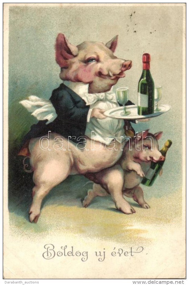 T2/T3 New Year, Pig Waiter Serving Champagne, Litho (EK) - Ohne Zuordnung