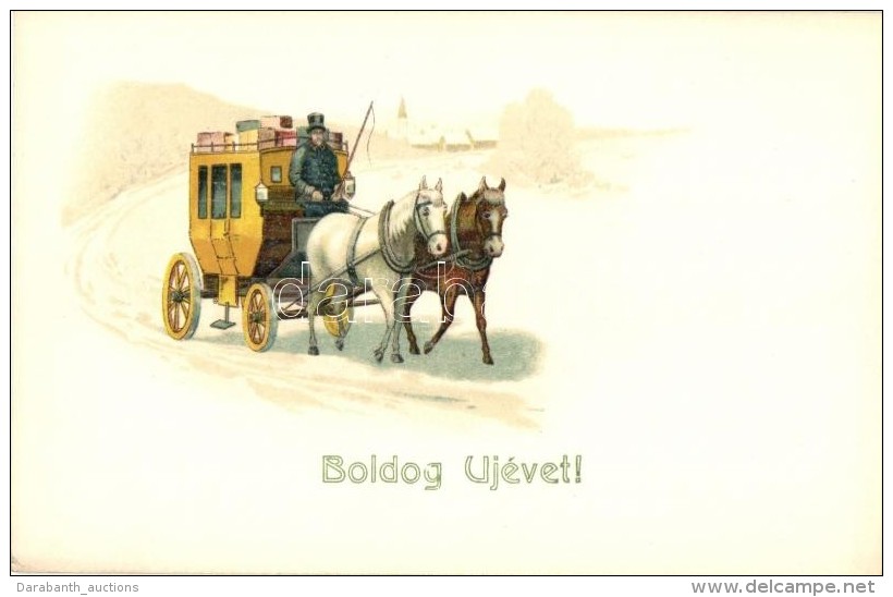 ** T1 Boldog Újévet! / New Year, Horse Cart, Litho - Ohne Zuordnung