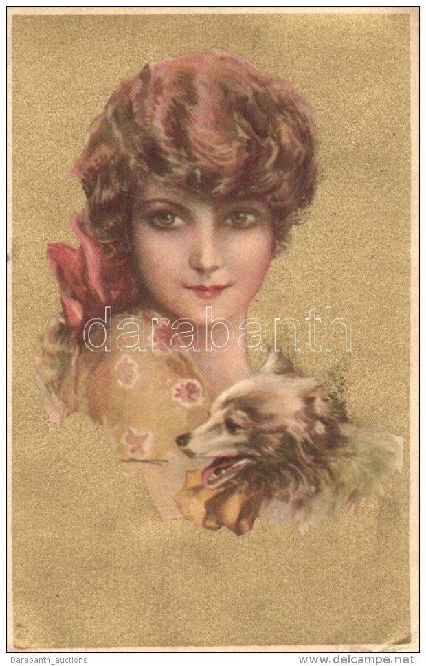 T3 Golden Italian Art Postcard, Lady With Dog, Anna &amp; Gasparini No. 124-2. (ázott Sarok / Wet Corner) - Ohne Zuordnung