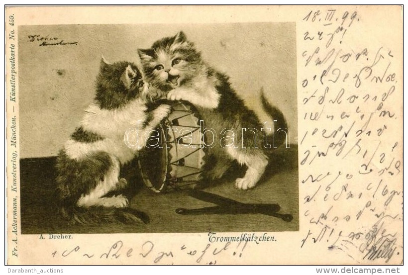 T2/T3 1899 Cats Fighting Over A Drum, A. Ackermann Kunstverlag - Künstlerpostkarte No. 459, S: A. Dreher - Ohne Zuordnung