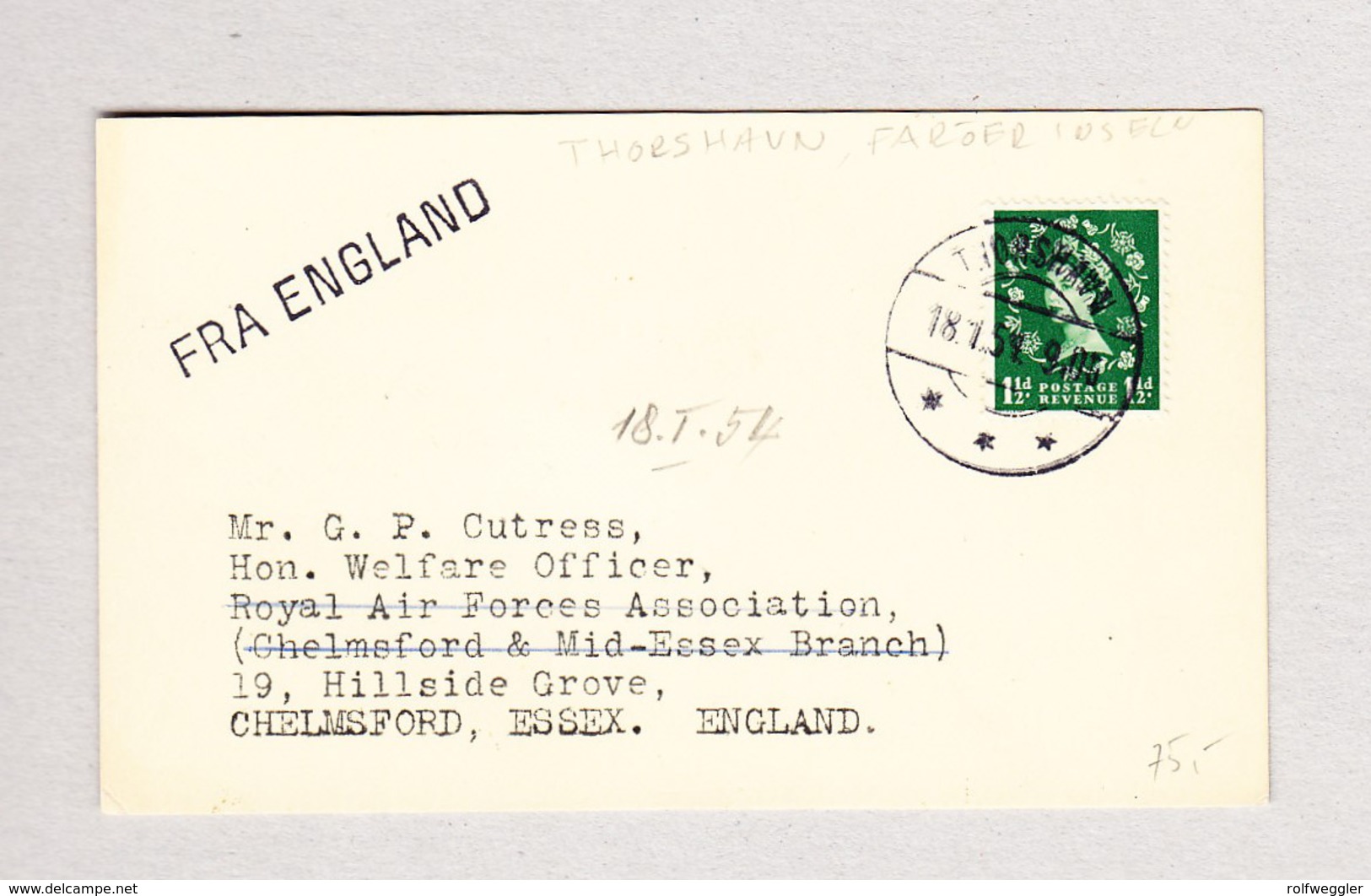 FÄRÖER  THORSHAVN 18.1.1954 Mit 1 1/2d Queen Auf Karte Nach Chelmsford Essex GB - Féroé (Iles)