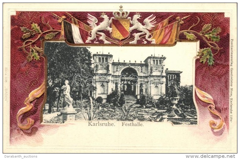 ** T1 Karlsruhe, Festhalle; Postkartenverlag Geschwister Moos / Festive Hall, Emb. Litho - Ohne Zuordnung