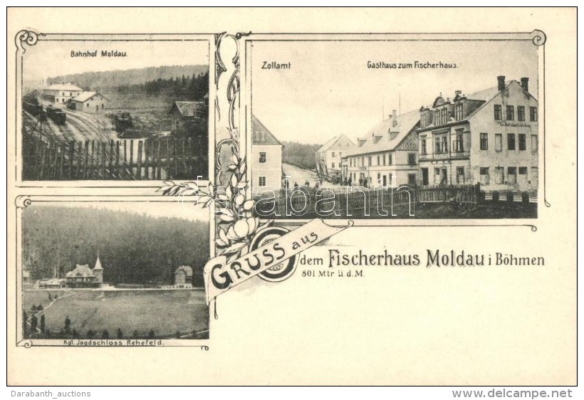 ** T1/T2 Moldava, Moldau I. Böhmen; Gasthaus Zum Fischerhaus, Bahnhof, Kgl. Jagdschloss Rehefeld / Guest... - Ohne Zuordnung