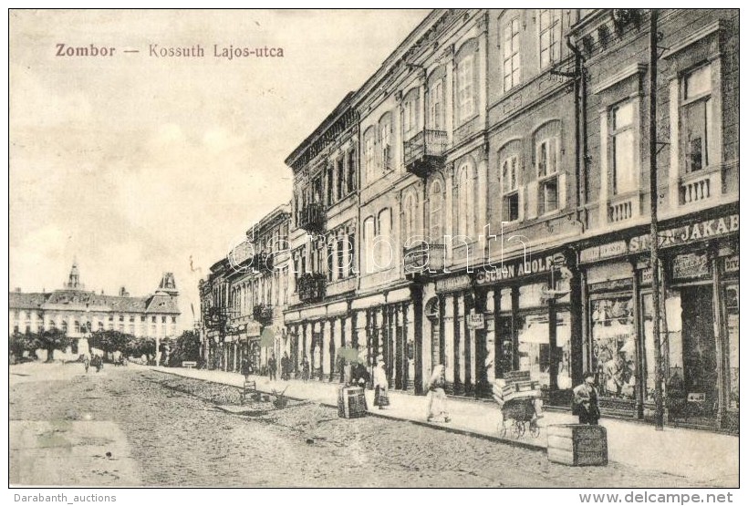 T4 Zombor, Sombor; Kossuth Lajos Utca, Stein Jakab, Schön Adolf, Kiadja Kaufmann Emil / Street, Shops (r) - Ohne Zuordnung