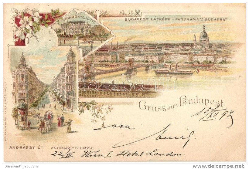 T4 1897 Budapest, Vigadó, Andrássy Utca, Müllet &amp; Trüb Floral Litho (vágott /... - Zonder Classificatie