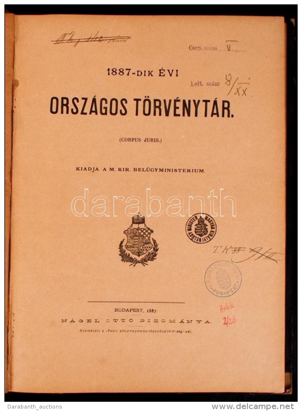 1887-dik évi Országos Törvénytár Bp., 1887 Igazságügy... - Ohne Zuordnung