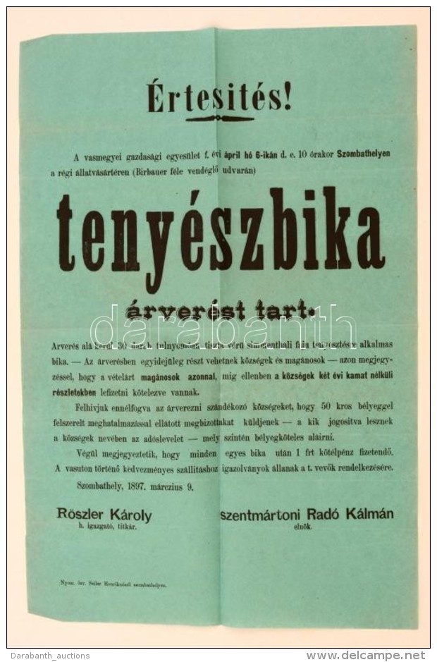 1897 Szombathely, Tenyészbika árverési Hirdetmény 32x48 Cm - Zonder Classificatie