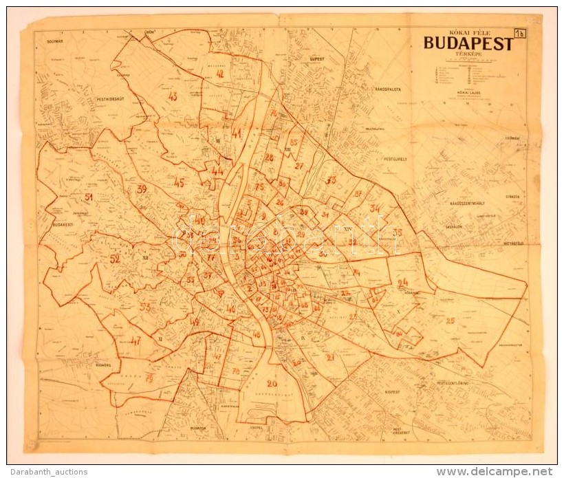 Cca 1940 Budapest Térképe, Kókai Lajos Kiadása. Vörös Filccel... - Sonstige & Ohne Zuordnung