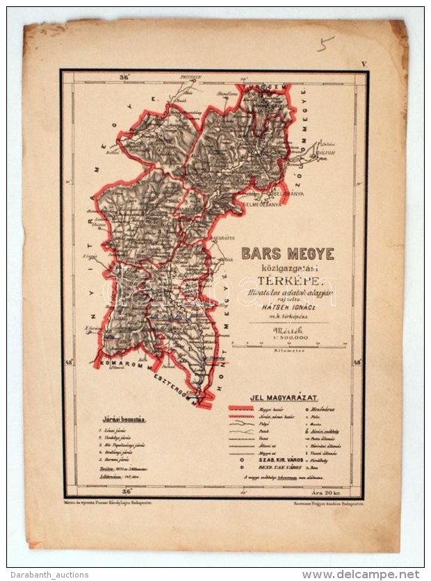 1880 Bars Megye Közigazgatási Térképe. Hátsek Ignác - A Magyar Szent Korona... - Other & Unclassified