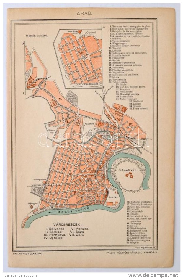 Cca 1895 Arad Térkép, Forrás: Pallas Nagy Lexikona, 24x15 Cm - Sonstige & Ohne Zuordnung