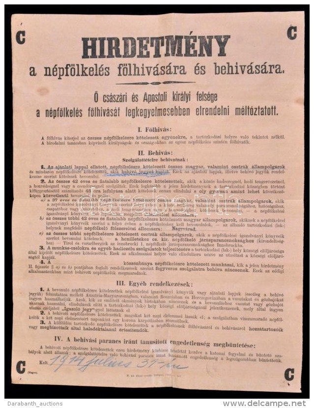 1914 Ferenc József Hirdetménye A Népfölkelés Fölhívására... - Sonstige & Ohne Zuordnung