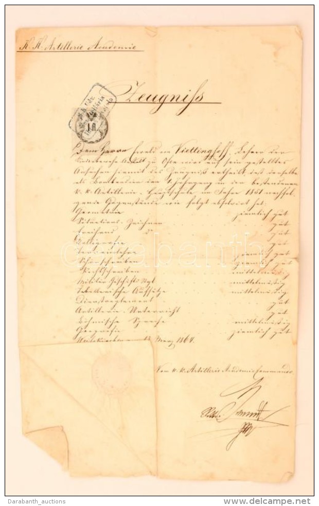 1864 A Tüzérakadémia Bizonyítványa Magyar Katona Részére 1Fl... - Sonstige & Ohne Zuordnung