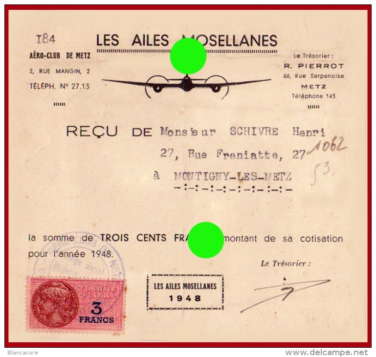 AERO-CLUB DE METZ  Moselle LES AILES MOSELLANES Aviation Parachutisme Vol à Voile 1948 - Autres & Non Classés