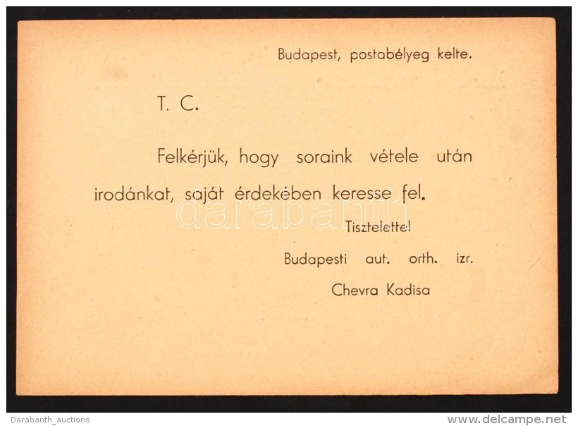 1944 A Budapesti Chevra Kadisa LevelezÅ‘lapja, Melyben Kéri Hogy A Címzett Saját... - Sonstige & Ohne Zuordnung