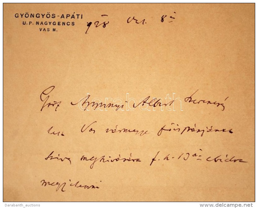 1928 Gróf Apponyi Albert (1846-1933) Saját Kézzel írt  Levele Dr.Tarányi Ferenc... - Ohne Zuordnung