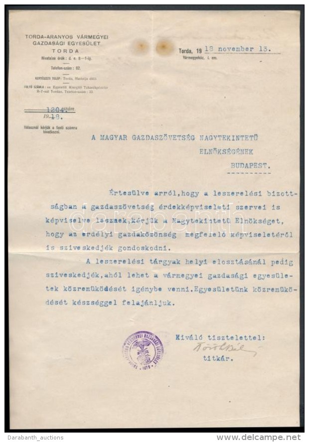 1918 A Torda-Aranyos Vármegyei Gazdasági Egyesület Titkárának Levele A Magyar... - Ohne Zuordnung