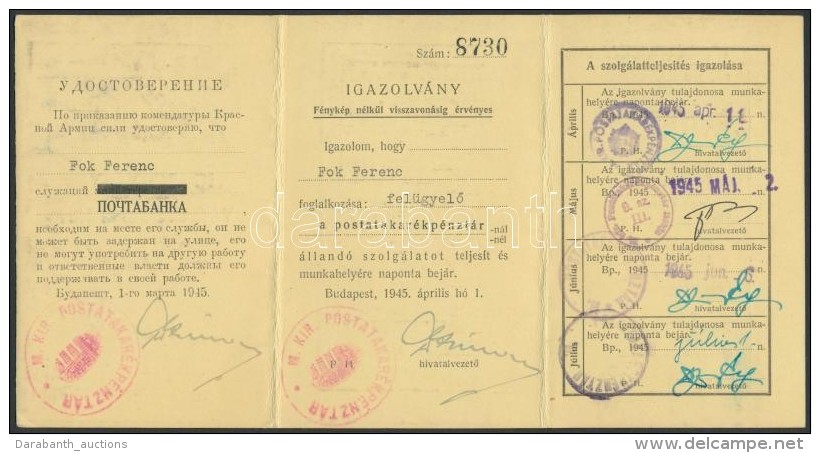 1945 Magyar-orosz NyelvÅ± Munkaviszony-igazolás Postatakarékpénztári FelügyelÅ‘... - Ohne Zuordnung