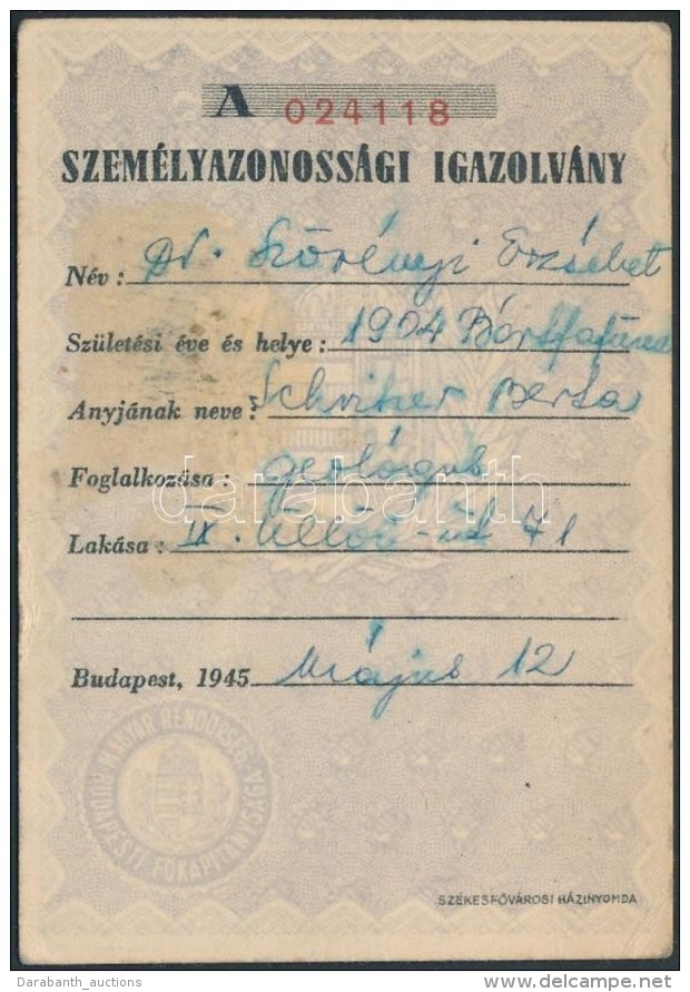 1945 Szörényi Erzsébet (1904-1987) Geológus Személyi Igazolványa - Ohne Zuordnung