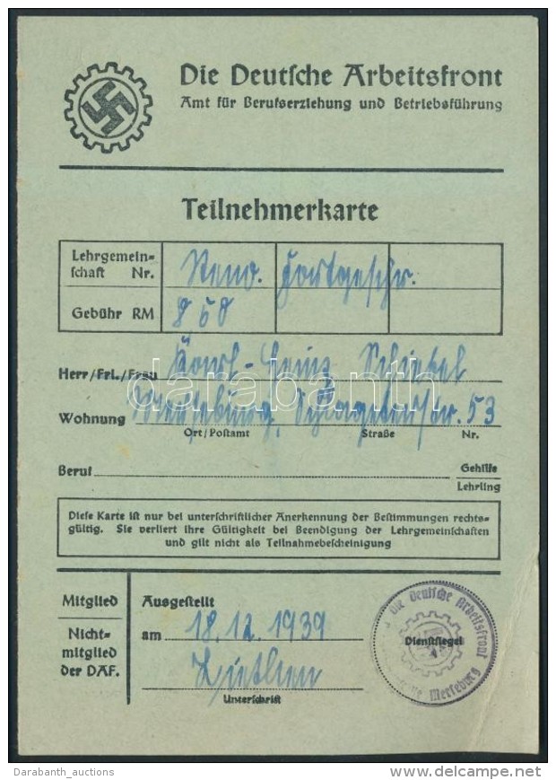 1939 A Német Munkafront Tagsági Igazolványa, Tagdíjbefizetési Bélyegekkel... - Ohne Zuordnung
