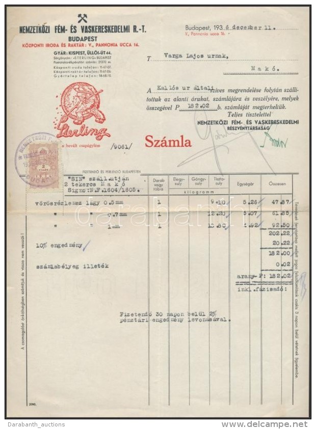 1936 Nemzetközi Fém- és Vaskereskedelmi Rt. - Sterling, Díszes Fejléces... - Ohne Zuordnung