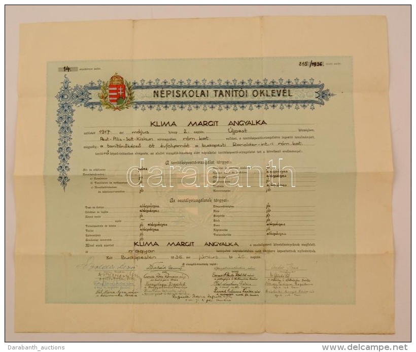 1936 Újpest, Népiskolai Tanítói Oklevél - Ohne Zuordnung