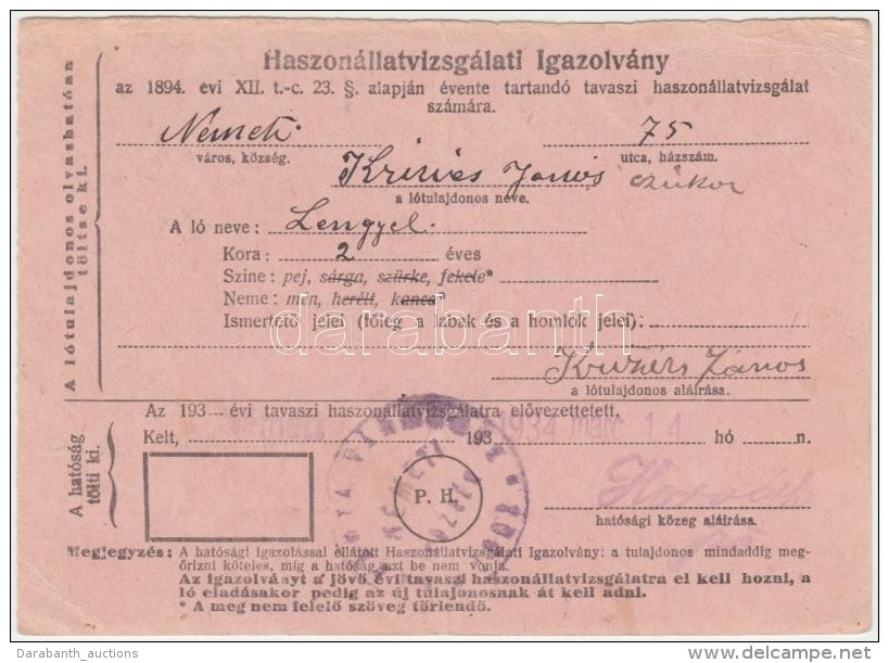 1934 Haszonállatvizsgálati Igazolvány, 2 éves Lengyel NevÅ± Lóról... - Ohne Zuordnung