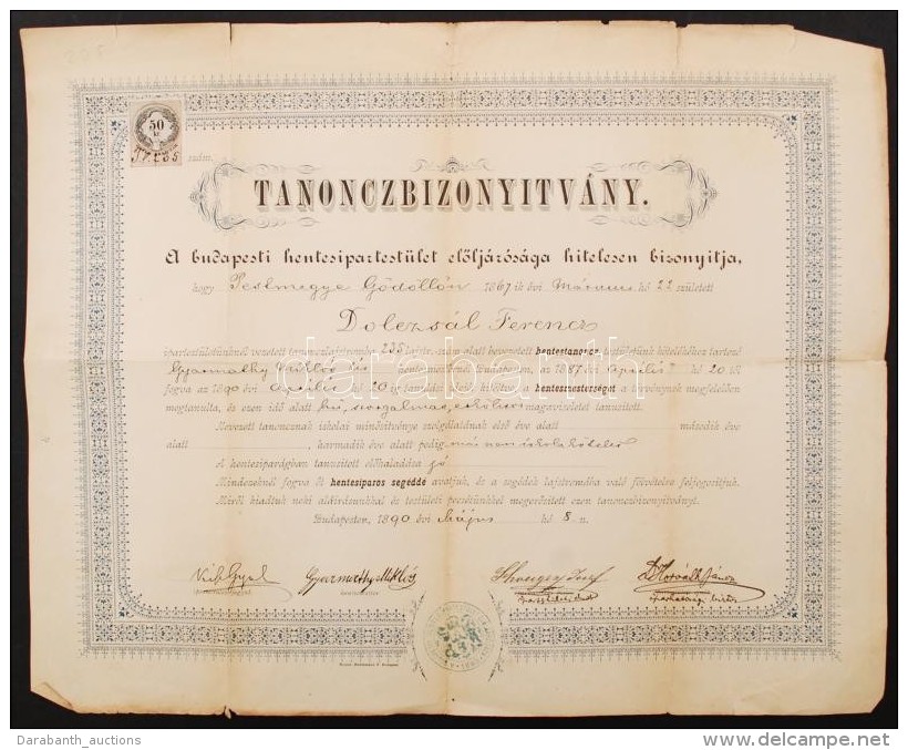 1890 Tanonczbizonyitvány A Budapesti Hentesipartestület... - Ohne Zuordnung