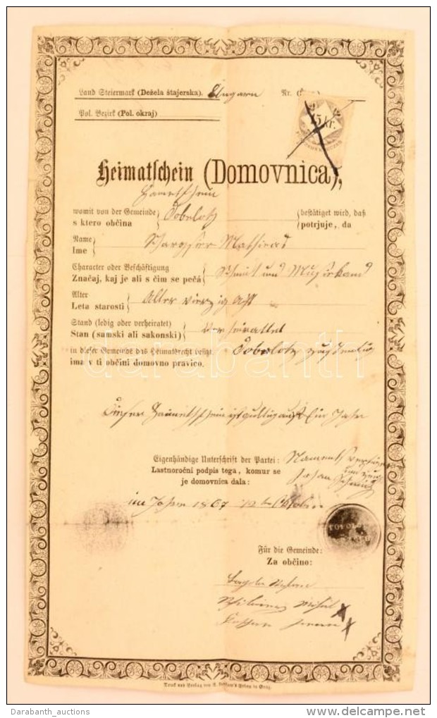 1867 Horvát NyelvÅ± IlletÅ‘ségi Igazolás / Croatian Home-id. - Unclassified