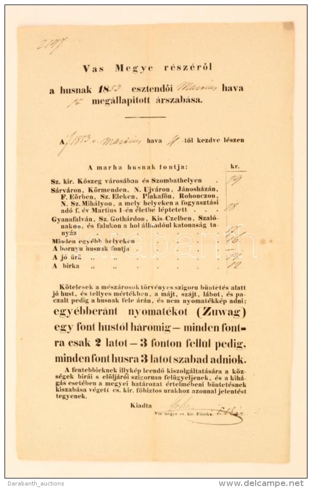 1854 Vas Vármegye Hús árszabásának Hirdetménye 24x40 Cm - Ohne Zuordnung