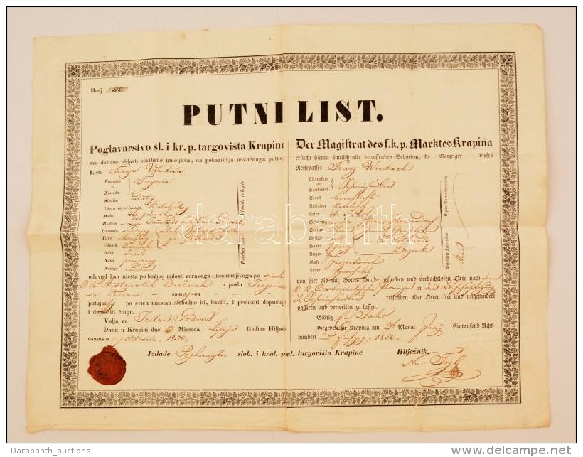 1850 Horvát és Német útelvél / 1850 Passport In Croatian And German 50x42 Cm - Ohne Zuordnung