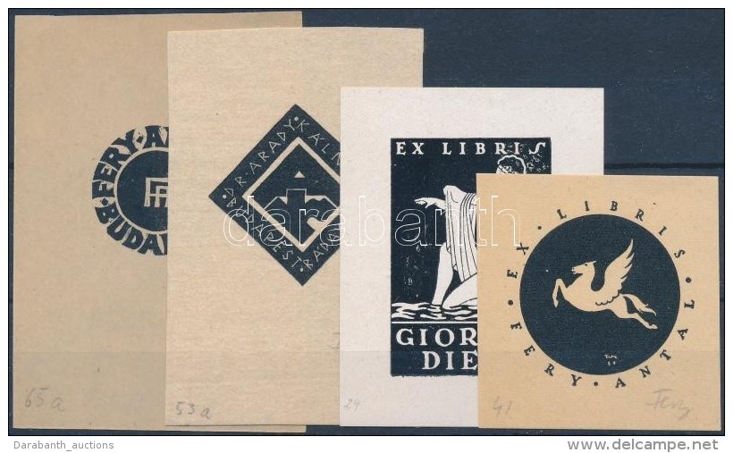 Fery Antal (1908-1944): 4 Db Ex Libris, Fametszet, Linó, Klisé, Papír, Jelzettek,... - Sonstige & Ohne Zuordnung