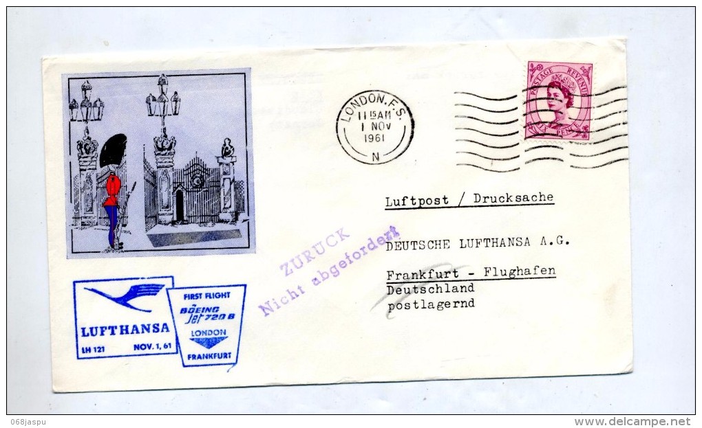 Lettre Premier Vol Boeing Lufthansa Londres Franckfort - Airplanes